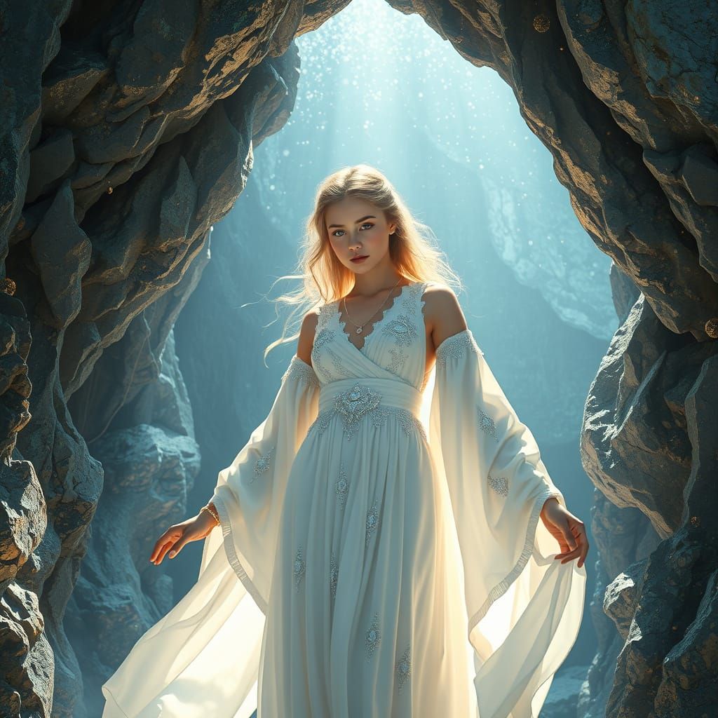 Goddess Emerges from Grotto in Digital Art Style