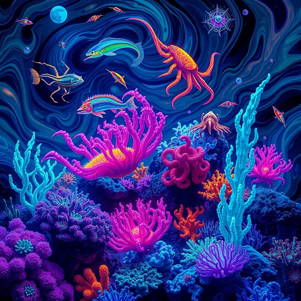 Bioluminescent Deep Sea in Psychedelic Art Style