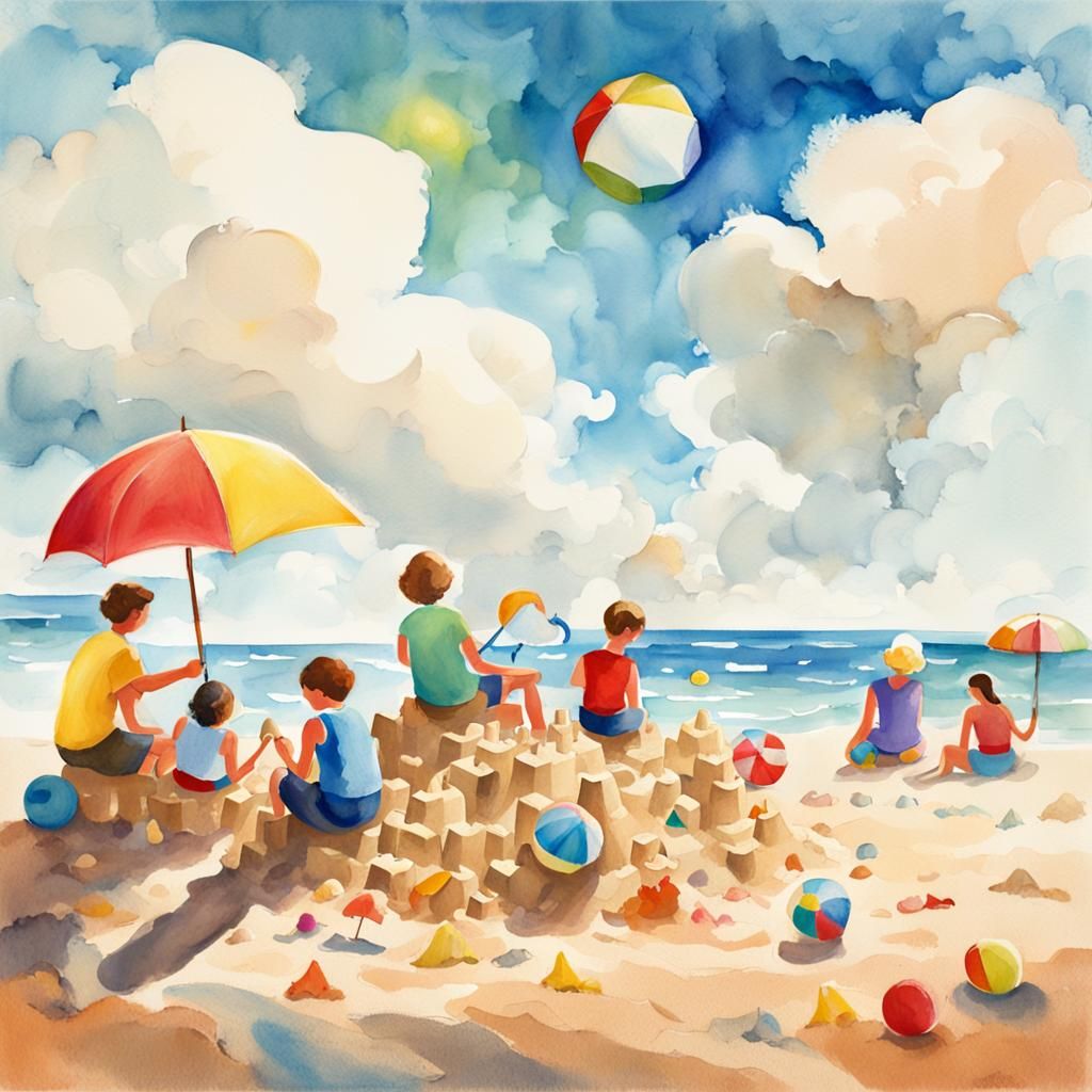 Whimsical Seaside Illustration with Sandcastle and Beach Bal...