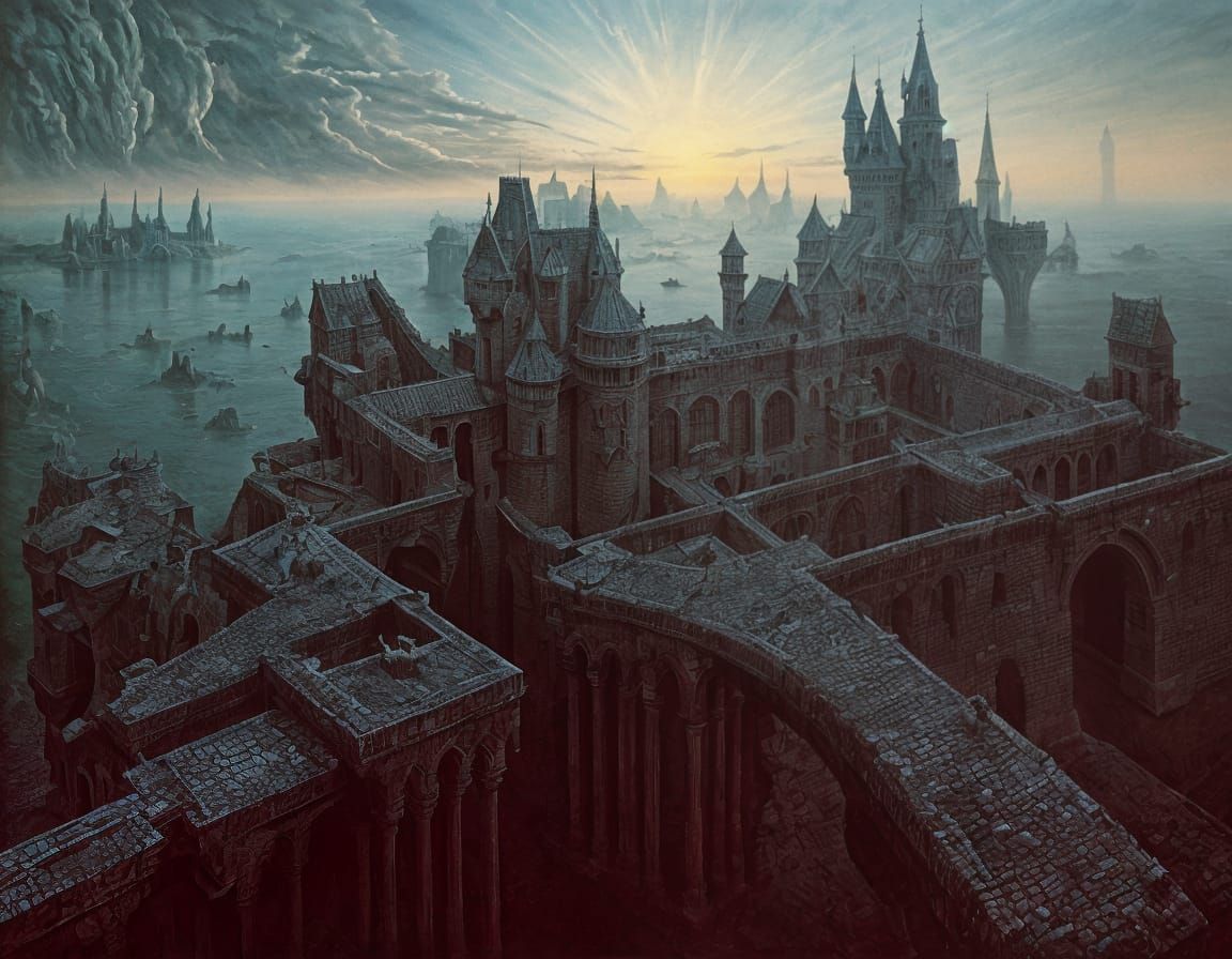 Surreal Castle Painting with Drawbridges and Moats