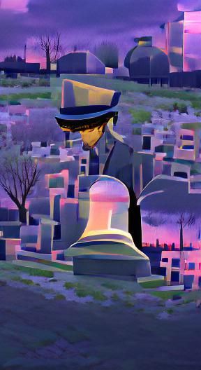 Robot Detective in Cemetery at Dusk