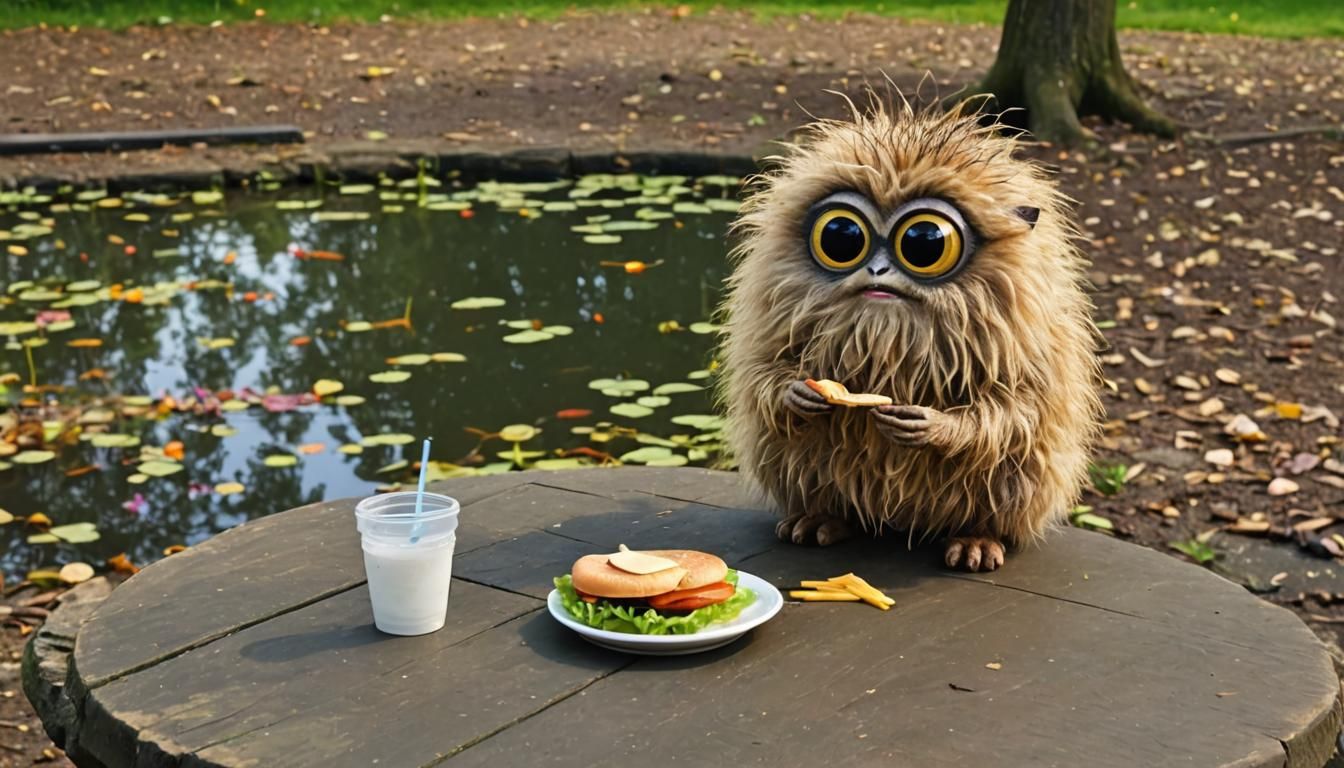 Fluffy Creature Eats Hamburger in Park