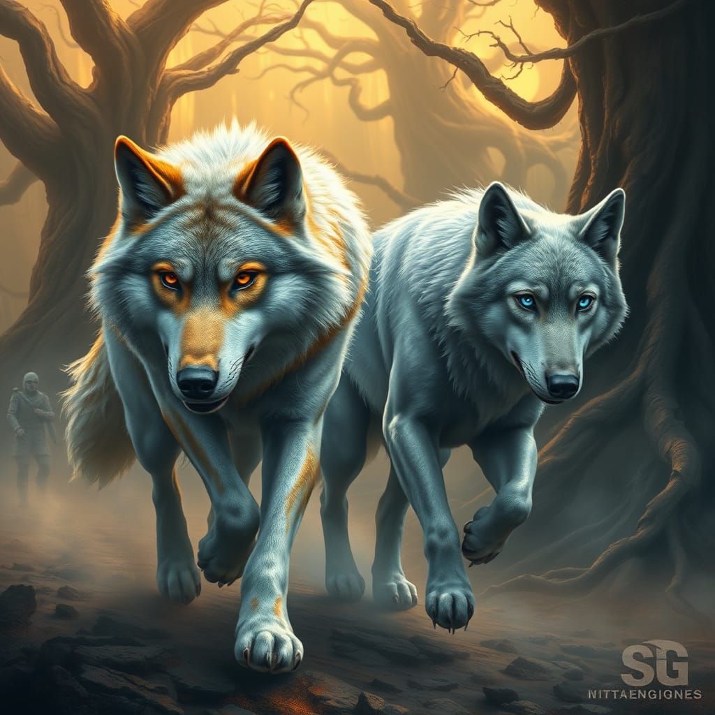 Two Wolves Run Through Misty Forest, Matte Painting