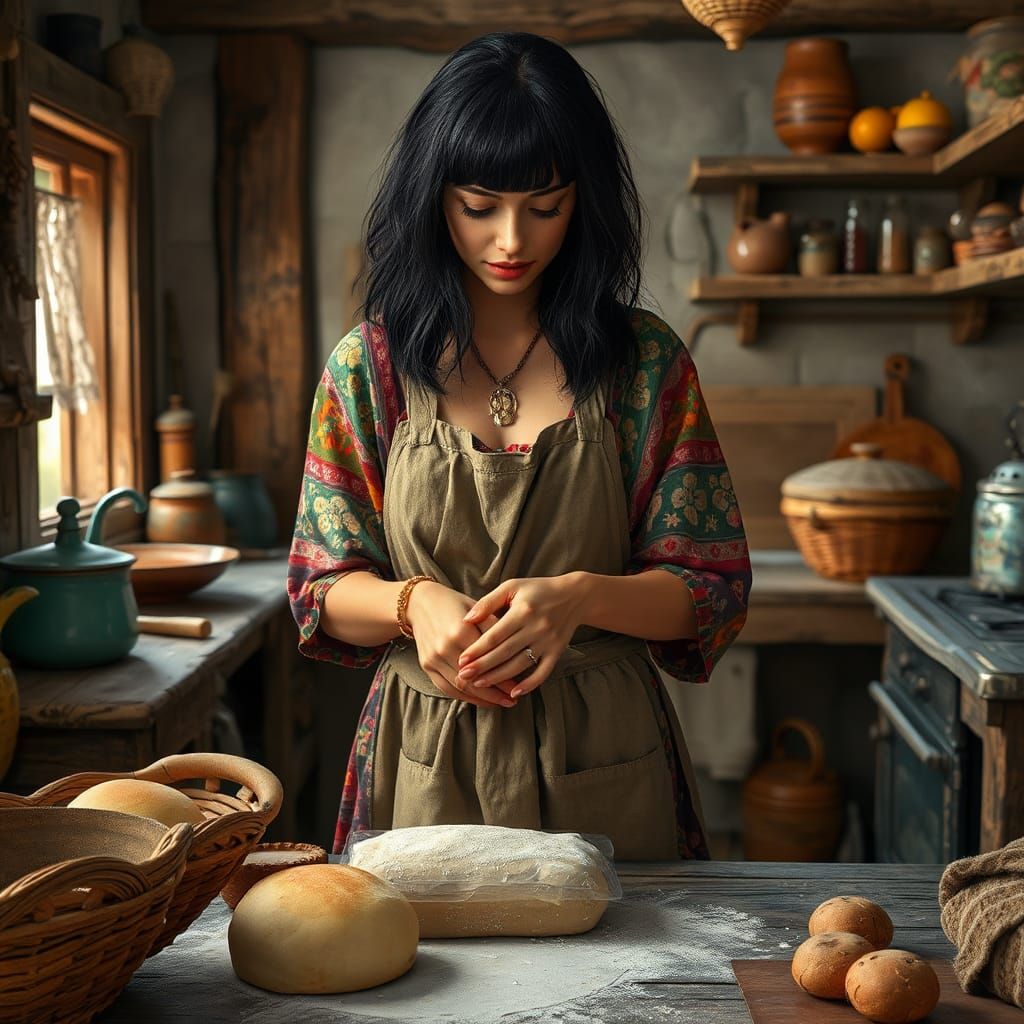 Bohemian Woman Baking Bread in Rustic Cottage