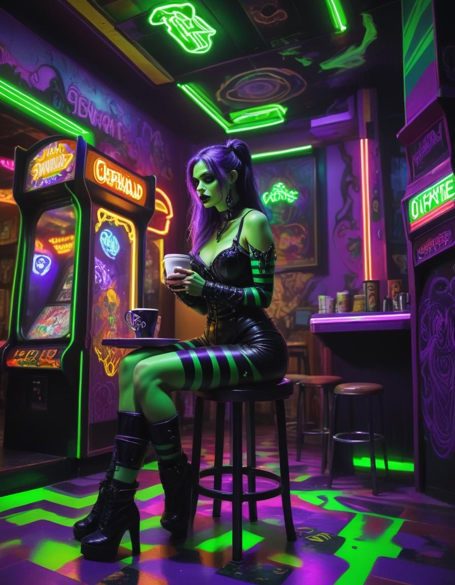 Gothic hulkwoman, taking coffee break, colorful scene, illus...