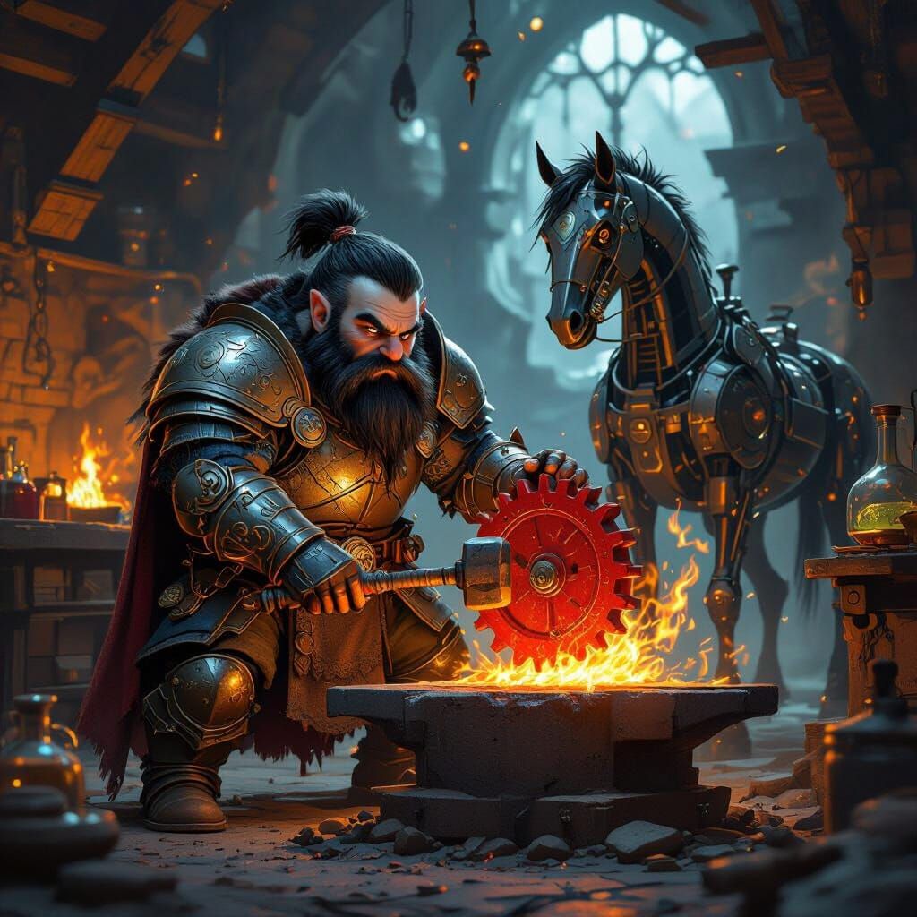 Dwarf Blacksmith Forging Gear in Fiery Forge