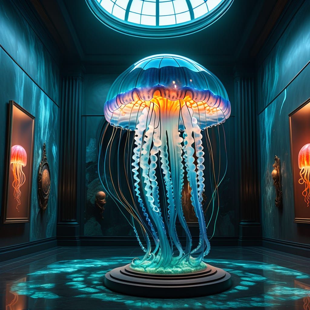 Glass Jellyfish Statue with Fiery Tentacles in Museum