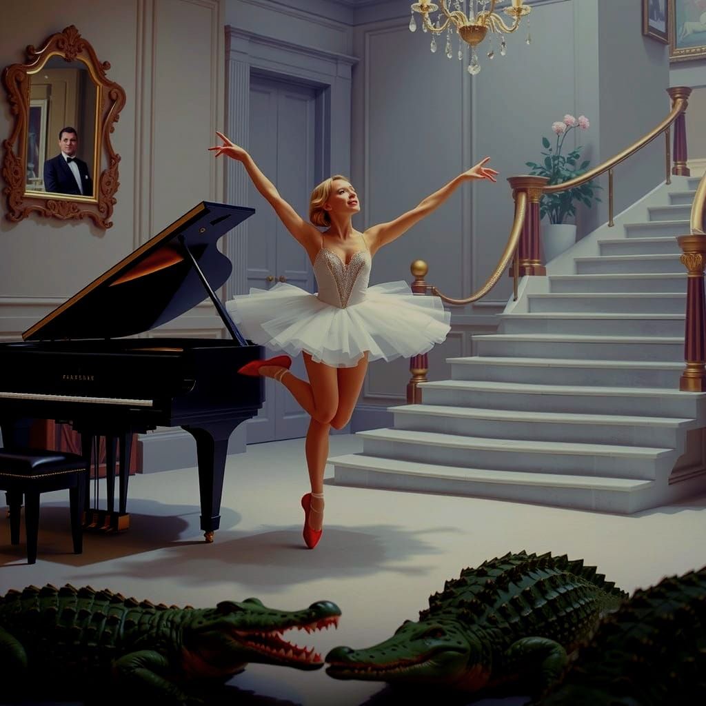 Ballerina in Red Shoes with Crocodiles