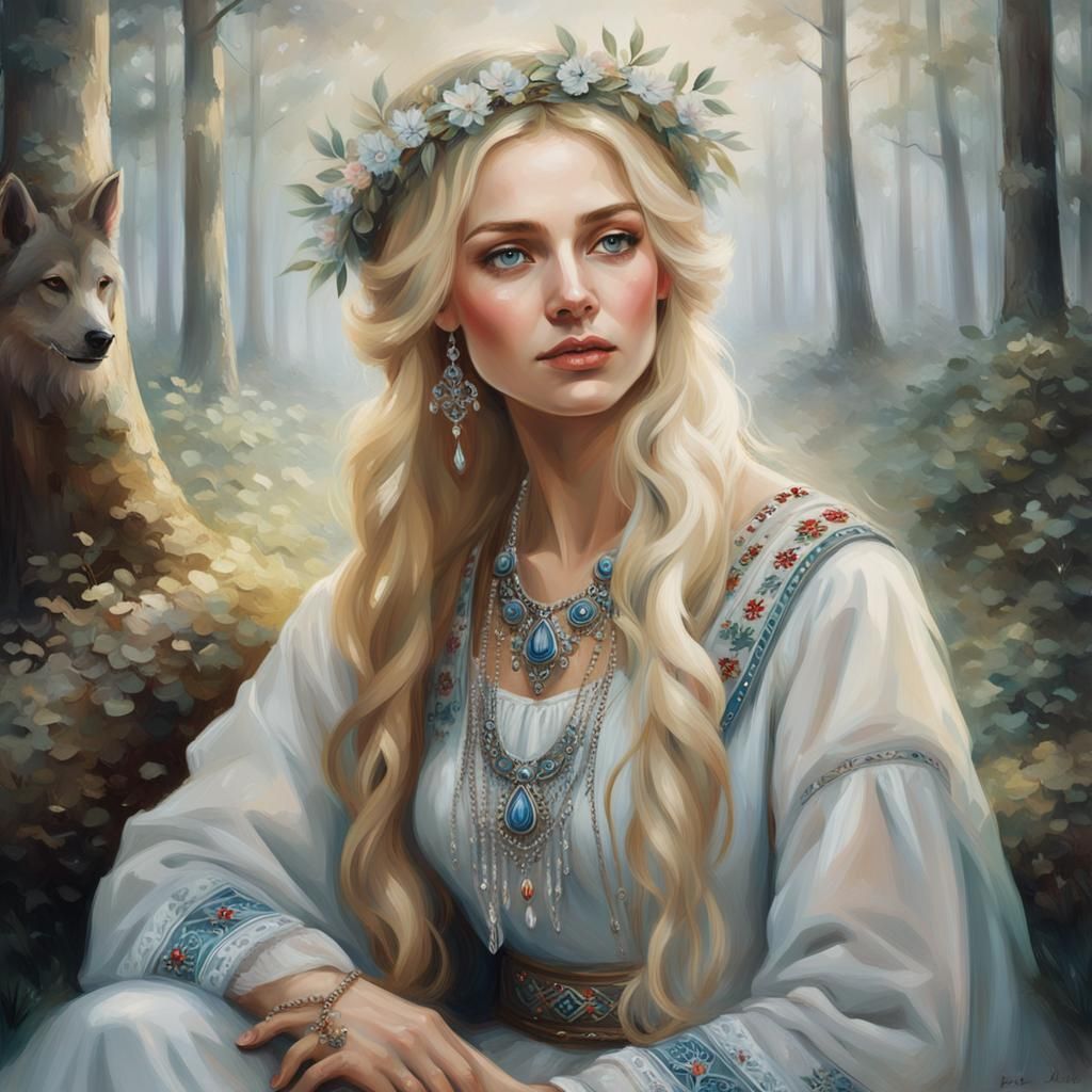 Ethereal Slavic Beauty in Misty Forest, Oil Painting