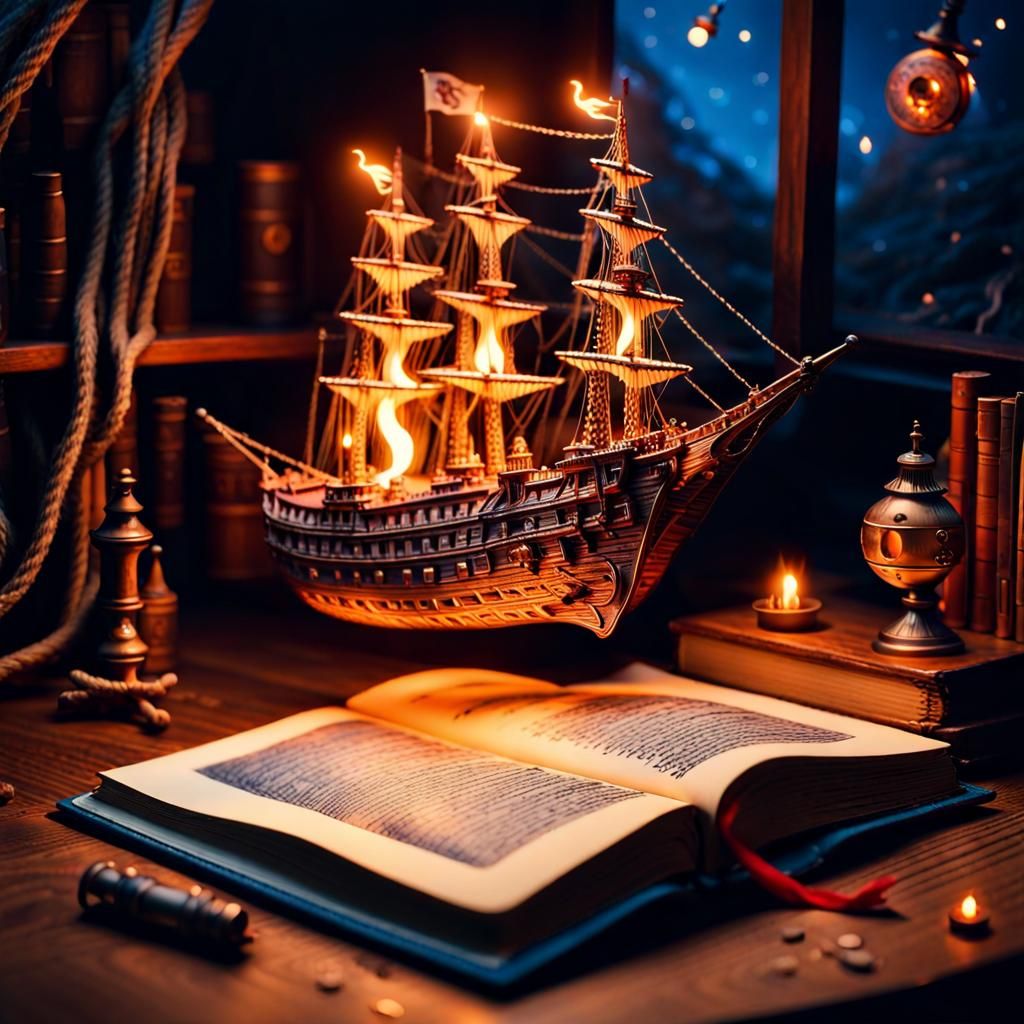 Open Book with Pirate Ships in Magical Realism Style