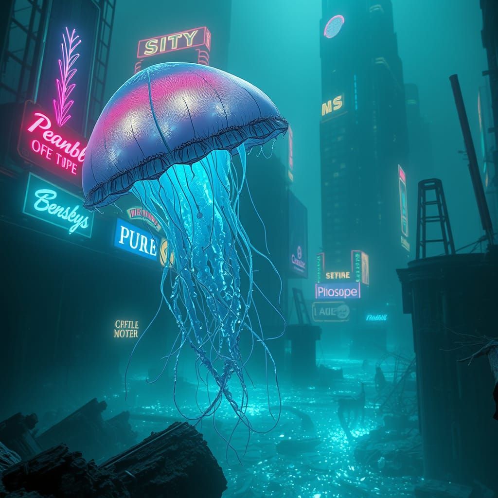 Bioluminescent Jellyfish in Sunken Cyberpunk City