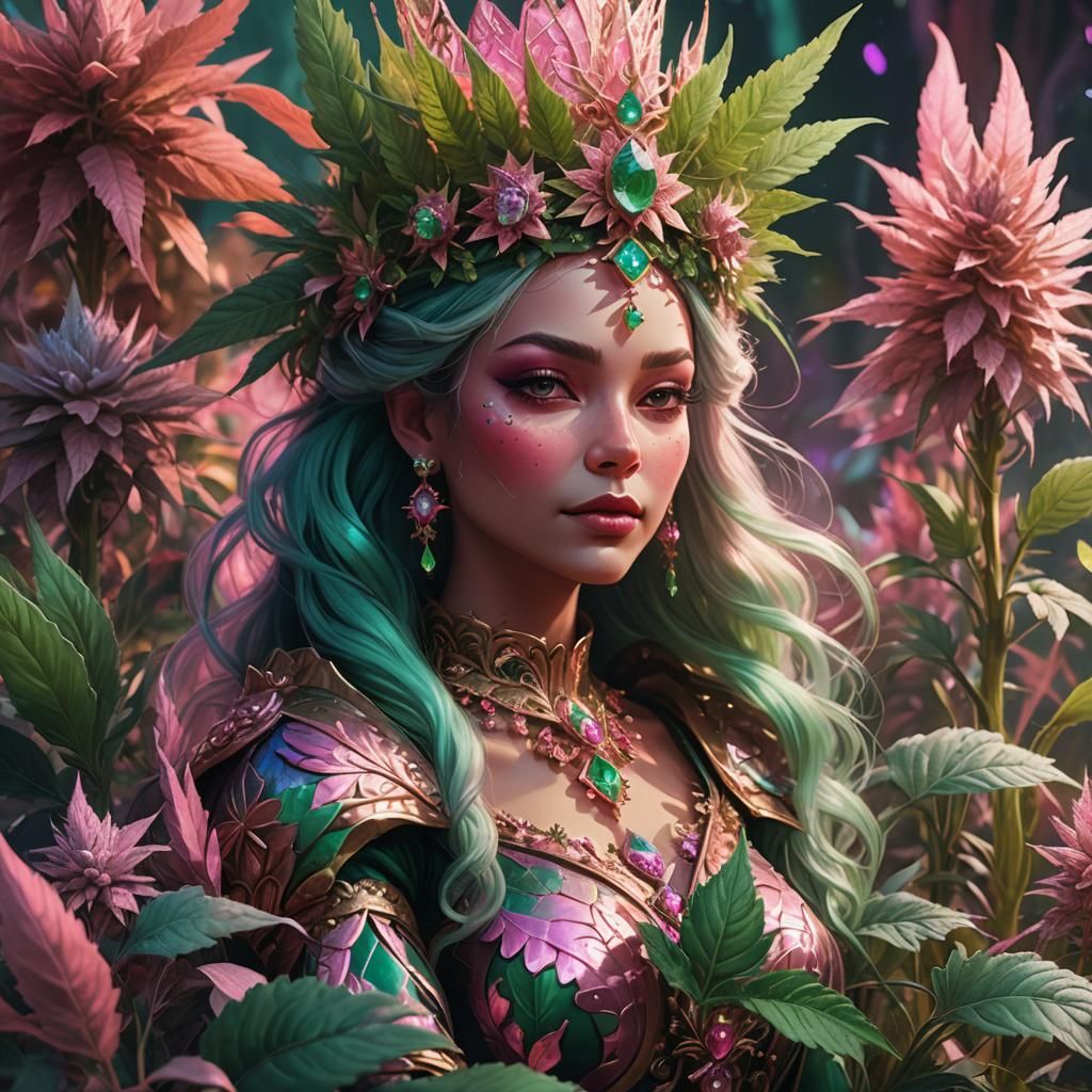 Queen with Pink Pot Plants: Fantasy Art
