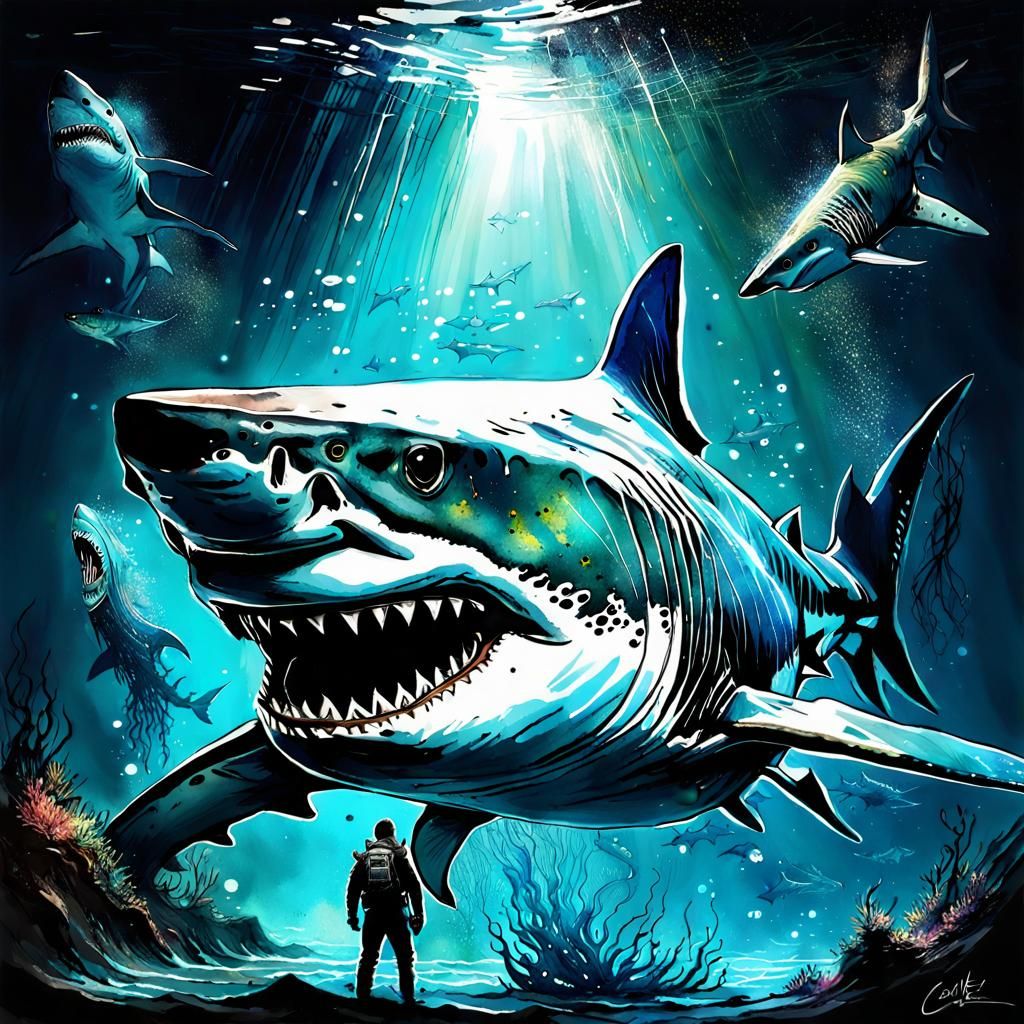 Bioluminescent Shark Movie Monster in Digital Watercolor