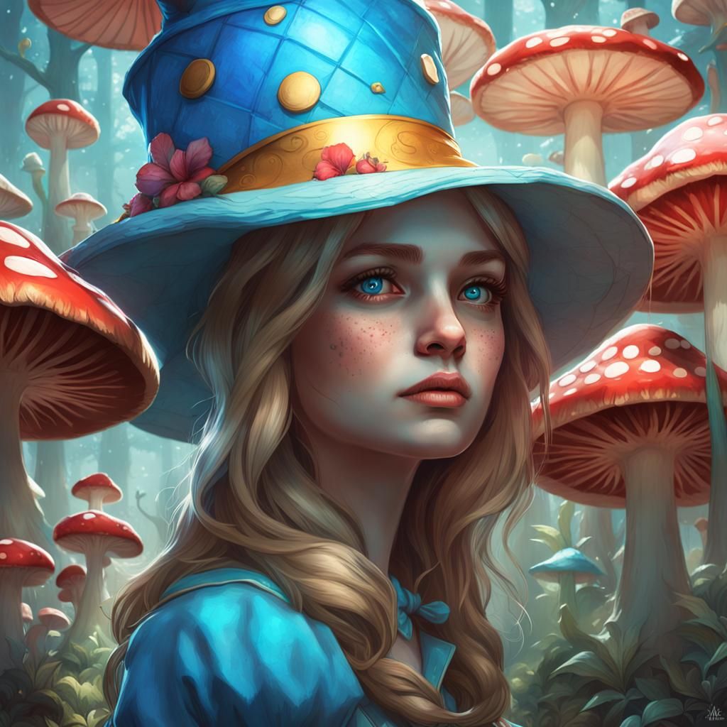 Alice in Wonderland, Mushroom Hat Portrait in Art Nouveau St...