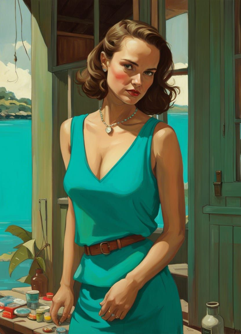 Portrait on Lake House Patio in Painted Illustration Style