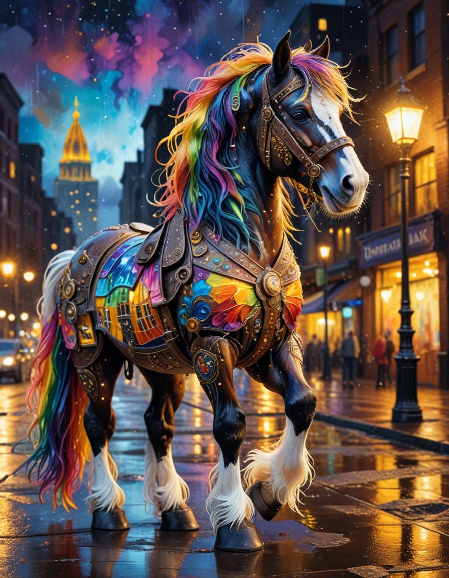 Steampunk Gypsy Horse in Rainbow Dress Exploring Night City