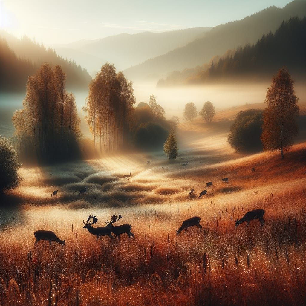 Autumn Meadow at Dawn with Grazing Deer