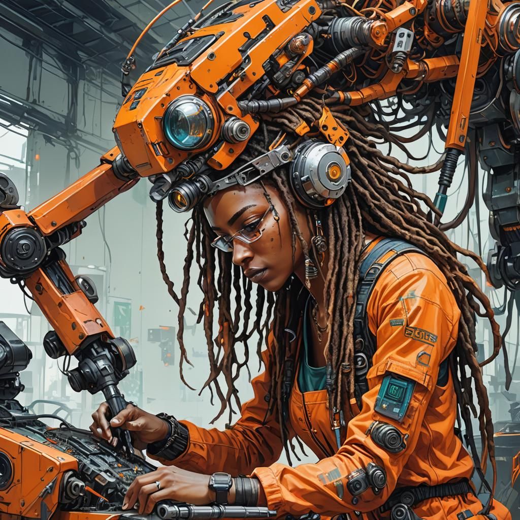 Caribbean Girl Repairs Aetherpunk Cyber Mechacore Robot