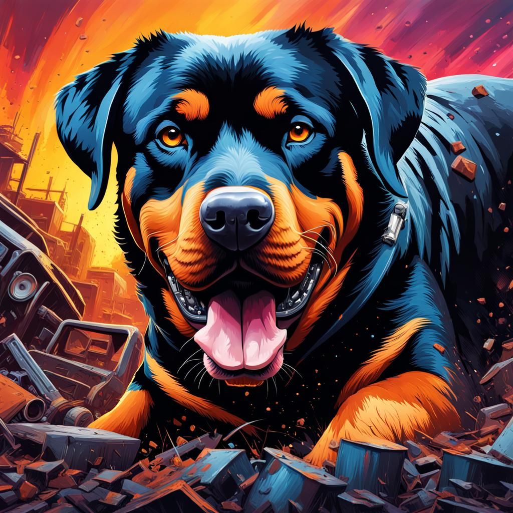 Aggressive Rottweiler in Toxic Junkyard, Splash Art