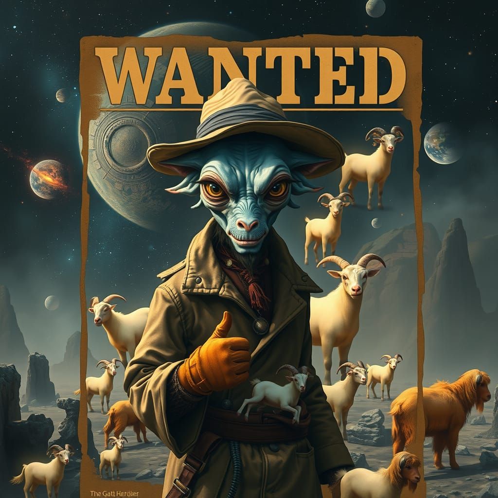Galactic Goat Herder Wanted Poster in Surreal Style