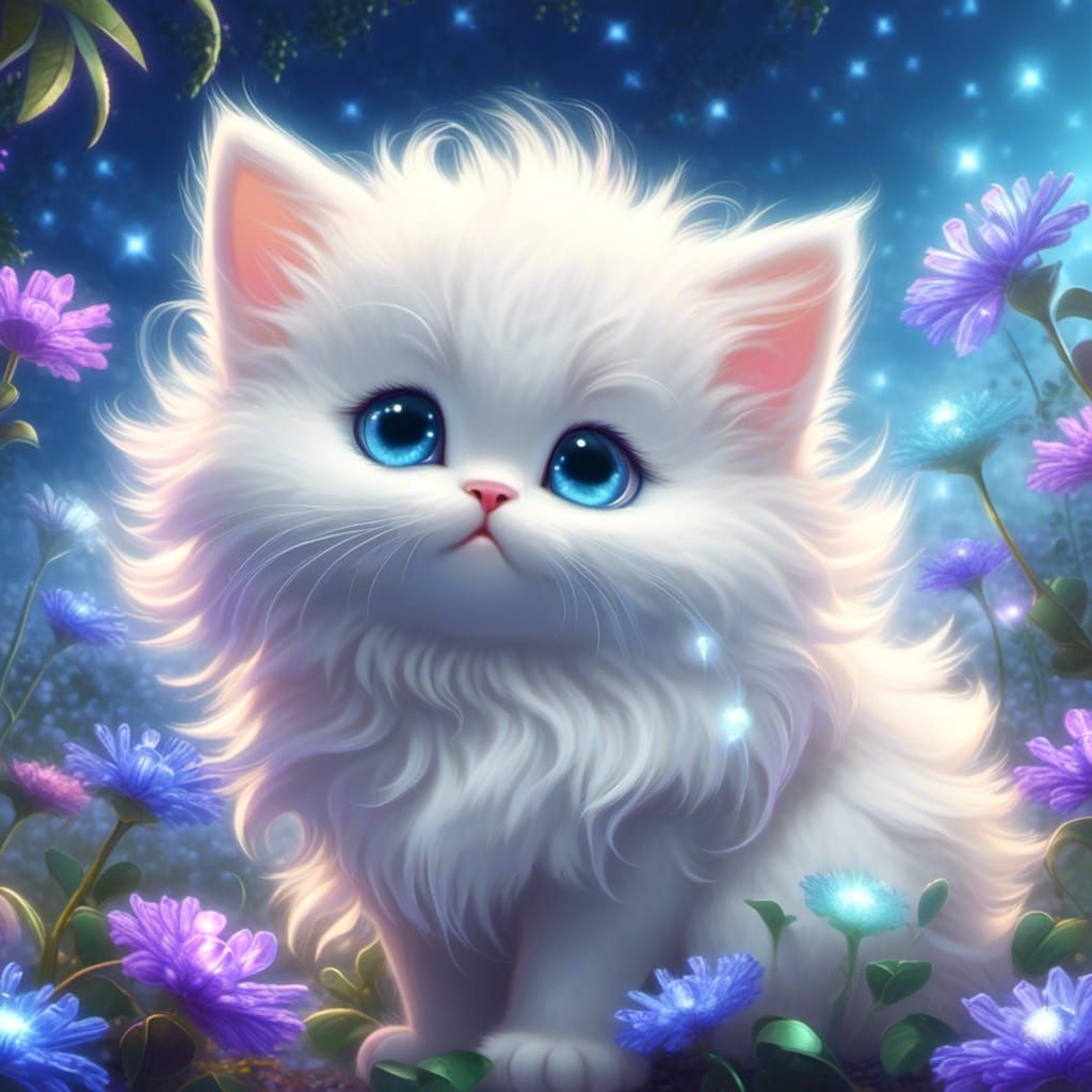 Adorable White Kitten in Bioluminescent Garden