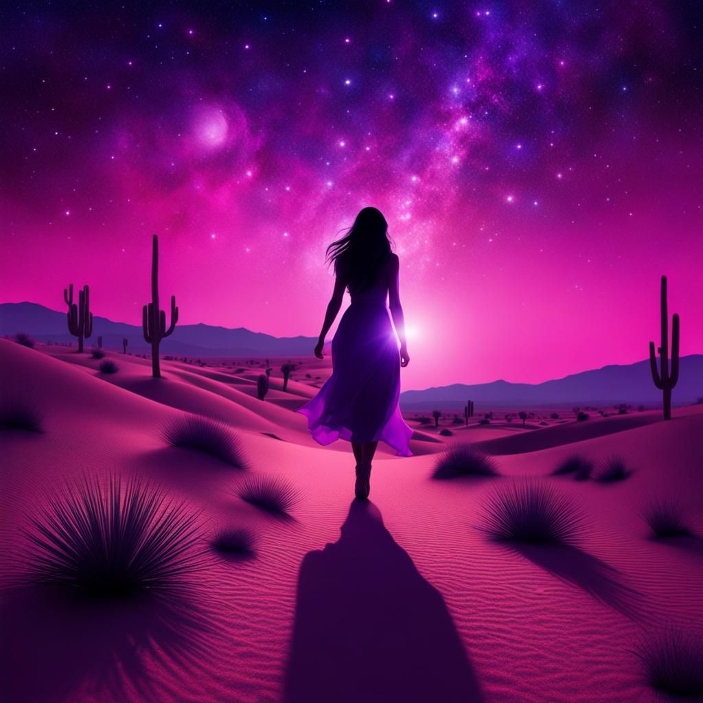Fantasy Desert Walker Under a Sparkling Night Sky