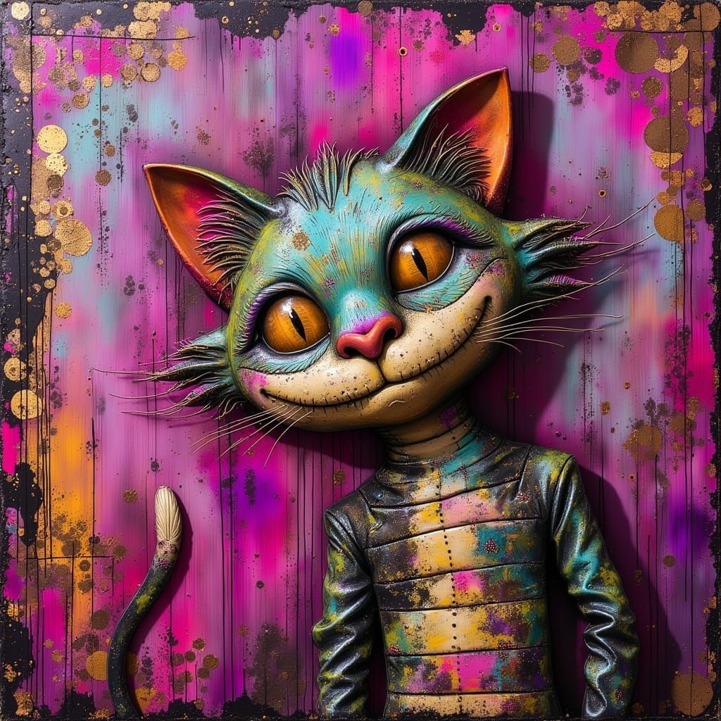 Whimsical Cheshire Cat Embossed in Vibrant, Layered Pigments