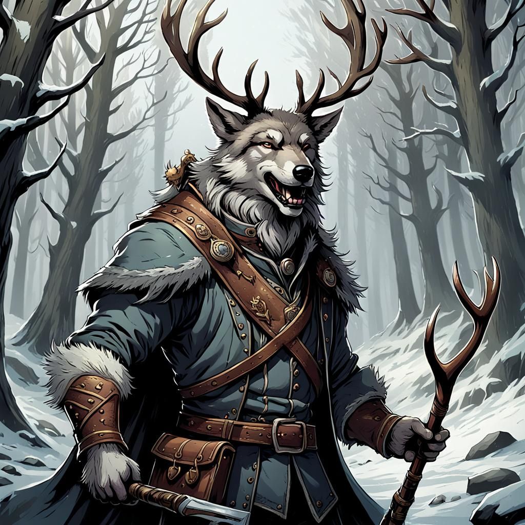 Happy Wolf Bard with Antlers in Comic Art
