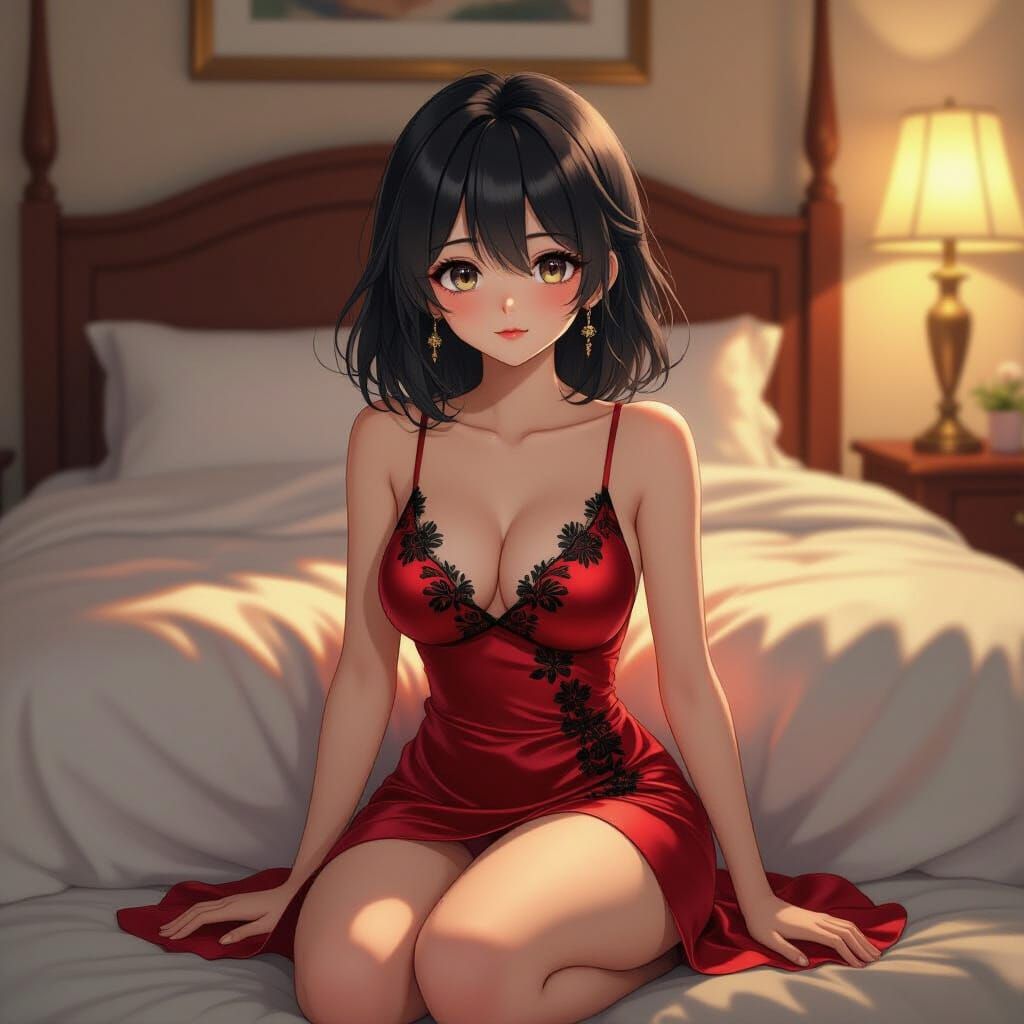 Anime Boy in Red Dress, Cel-Shaded Illustration
