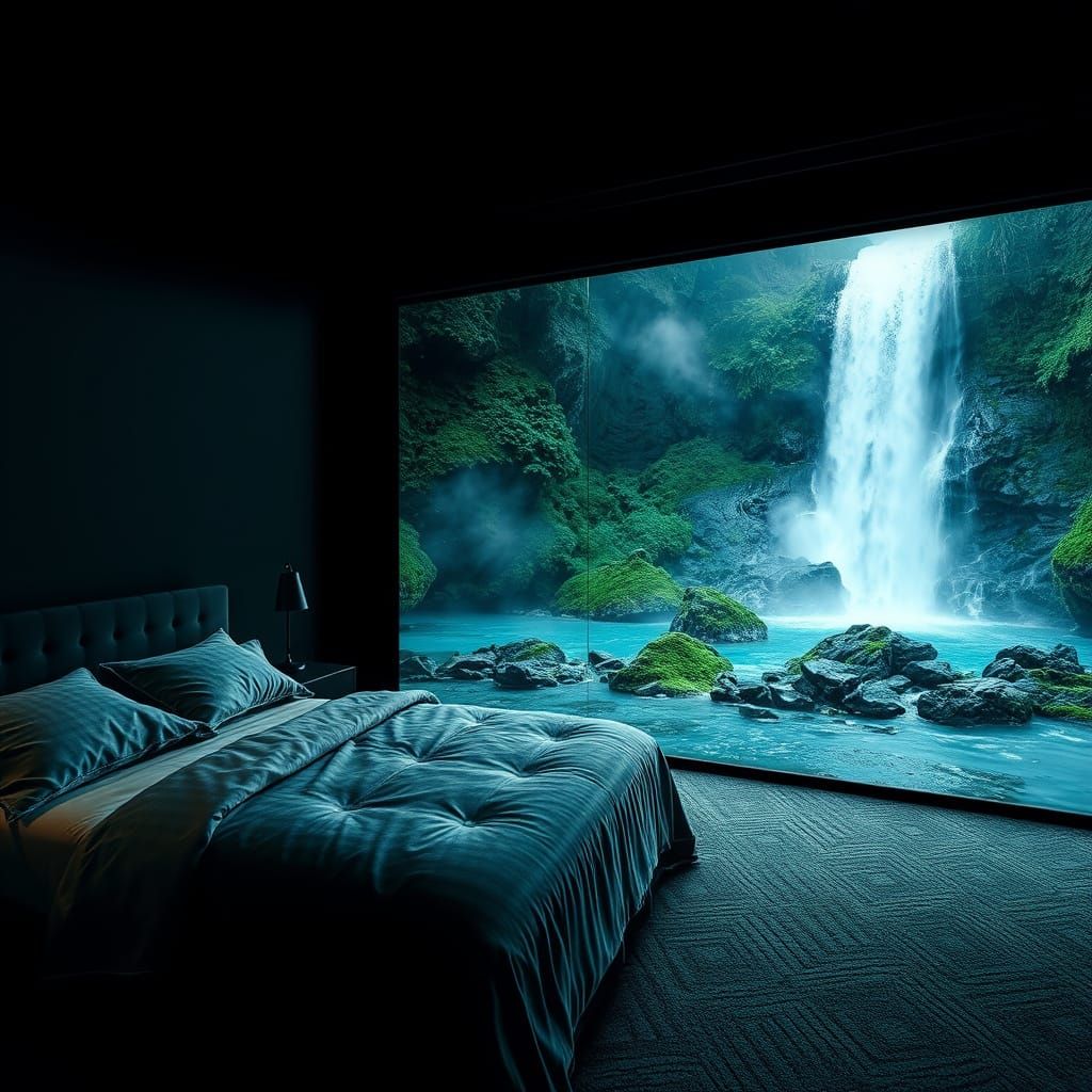 Surreal Bedroom Meets Waterfall in Stark Contrast