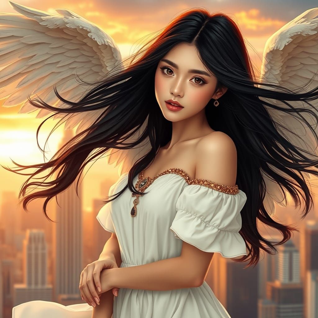 Fallen Angel Over Urban Skyline at Sunset