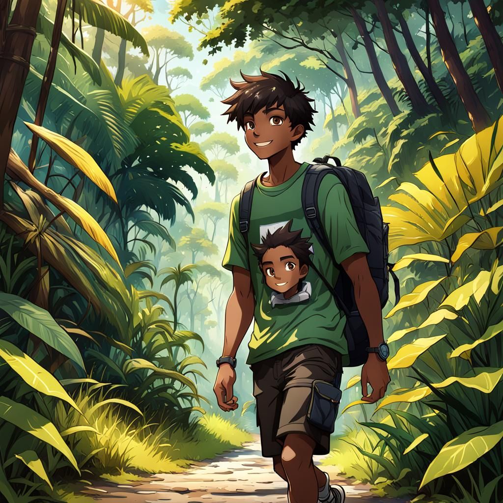 Anime Boy Exploring Jungle on Sunny Day