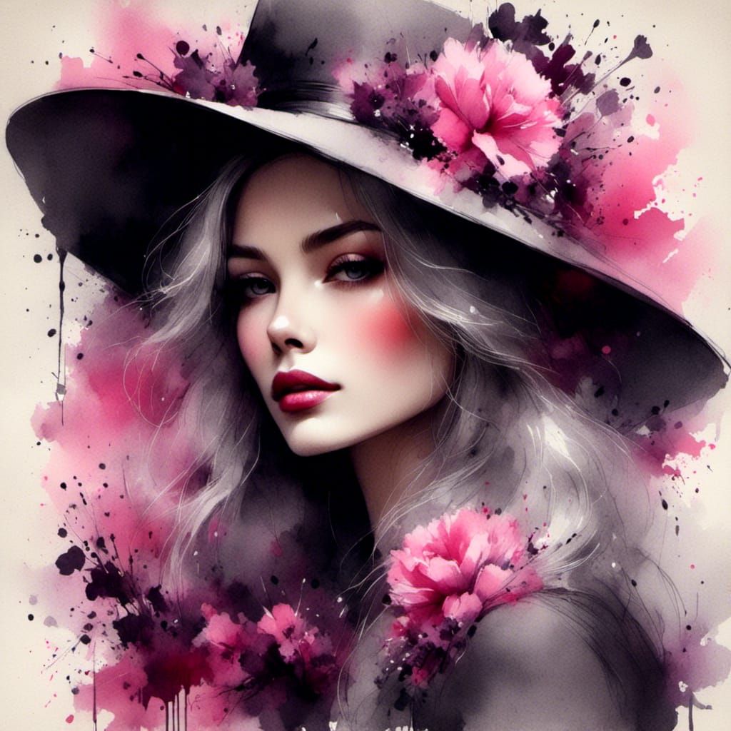 Elegant Woman with Floral Hat in Charcoal Ink Style