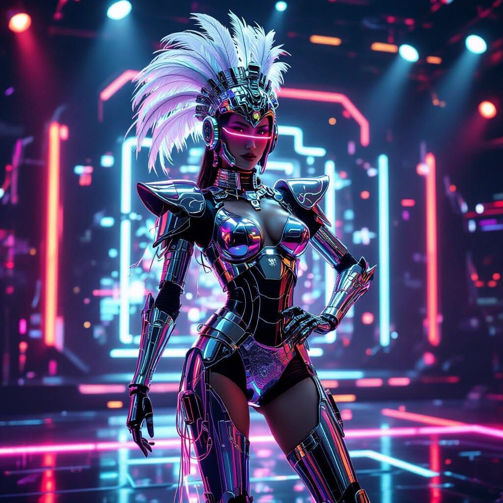 Cyberpunk Robot Showgirl on Neon Stage
