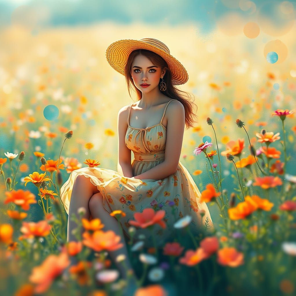 Woman in Flower Field, Watercolor Concept Art