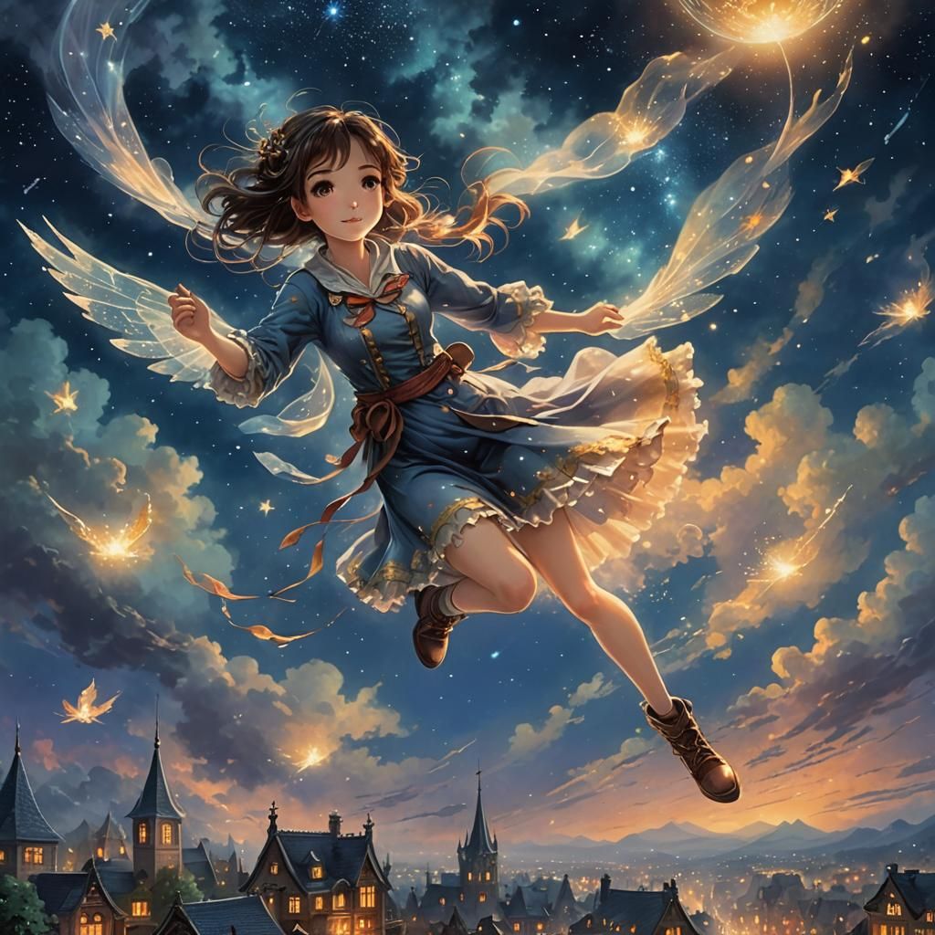Anime Girl Flying in Ethereal Night Sky