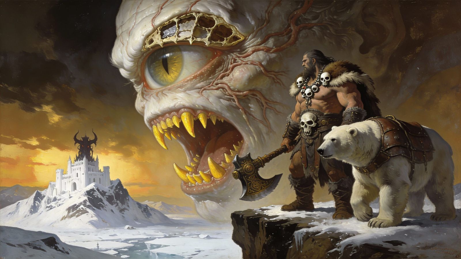 Baroque Painting of Barbarian and Bear Facing Giant Eye