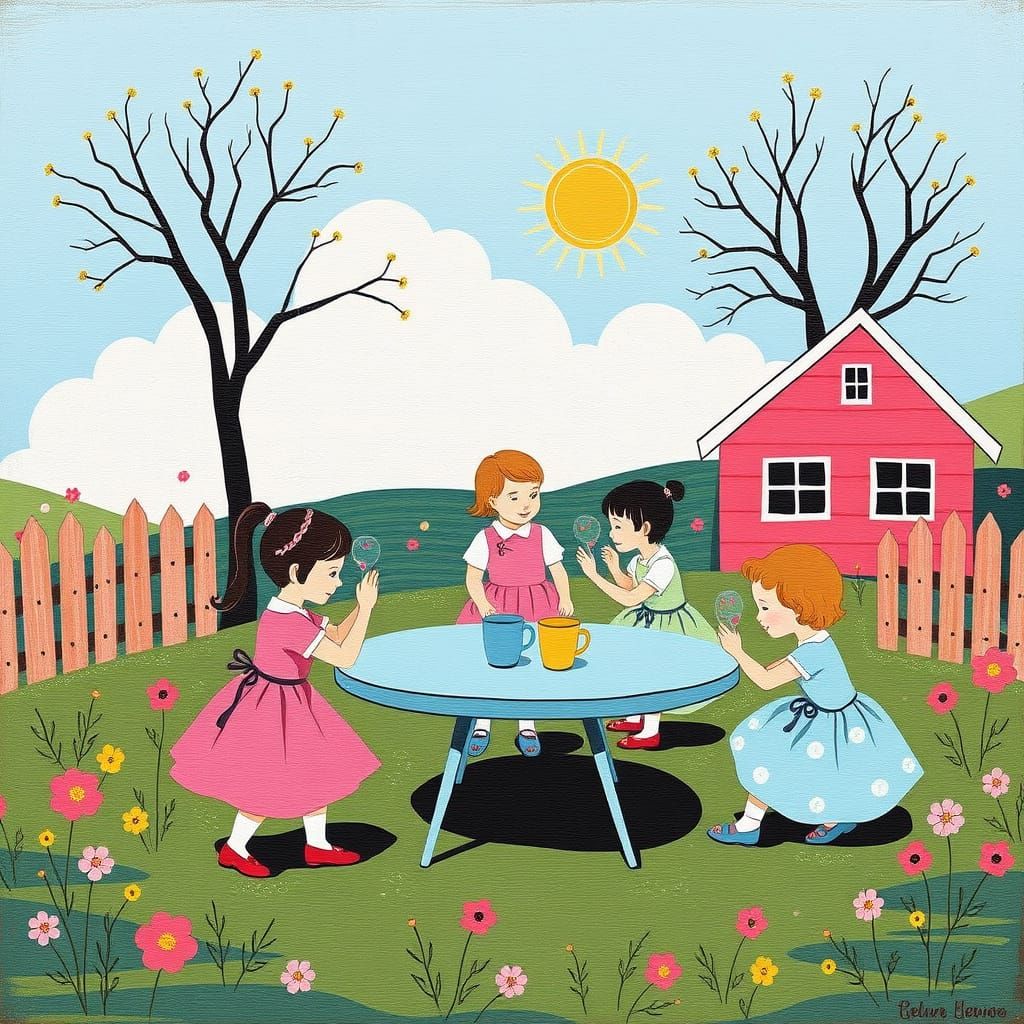 Retro Children Playing Outdoors in Pastel Colors