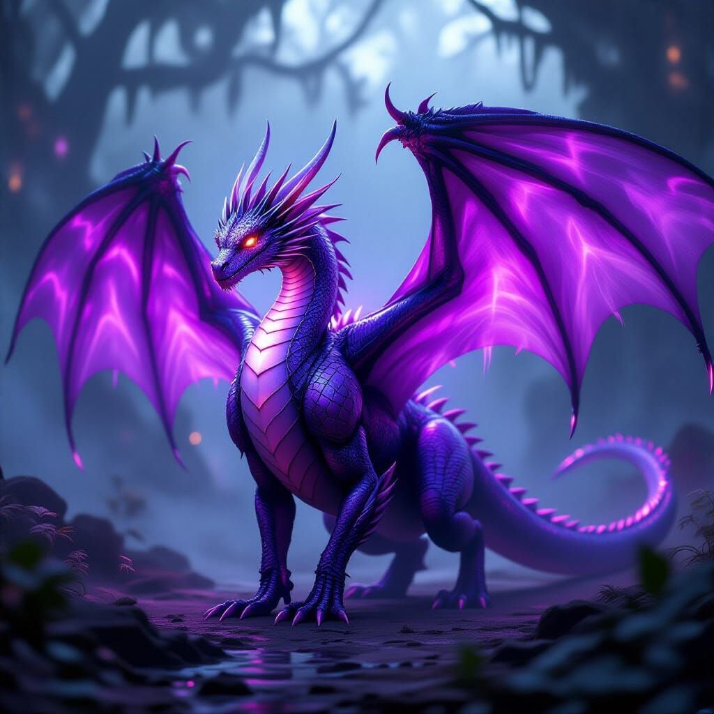 Iridescent Purple Dragons in Cyberpunk Fantasy Landscape