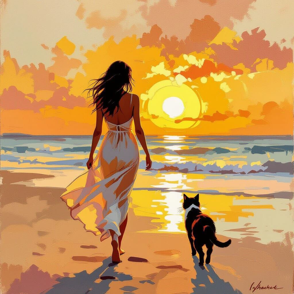 Girl Walking with Cat at Sunset in Gouache Style