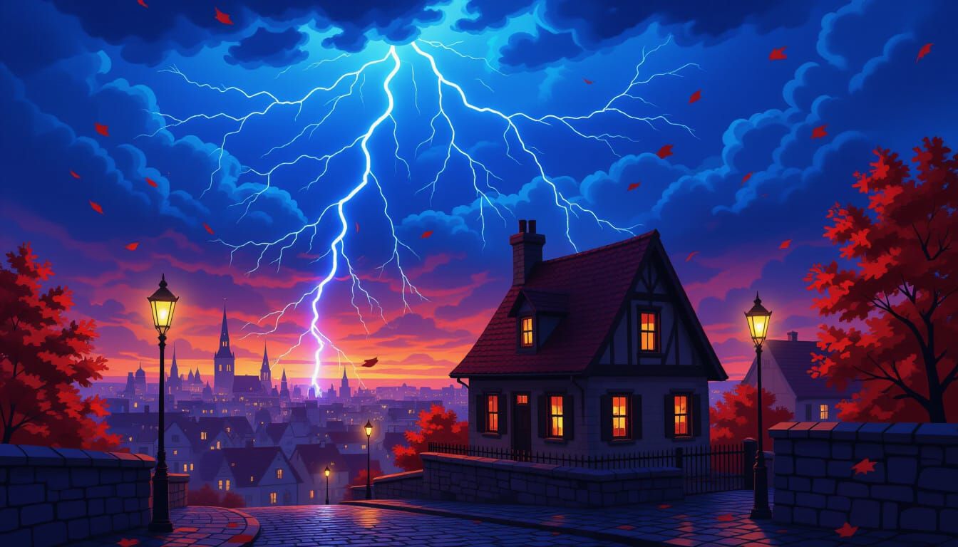 Autumn Cityscape Under Electric Storm Sky