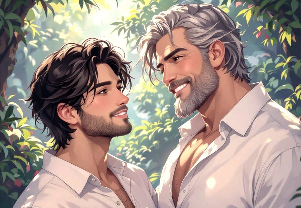 Gay Couple Embraces in Serene Grotto