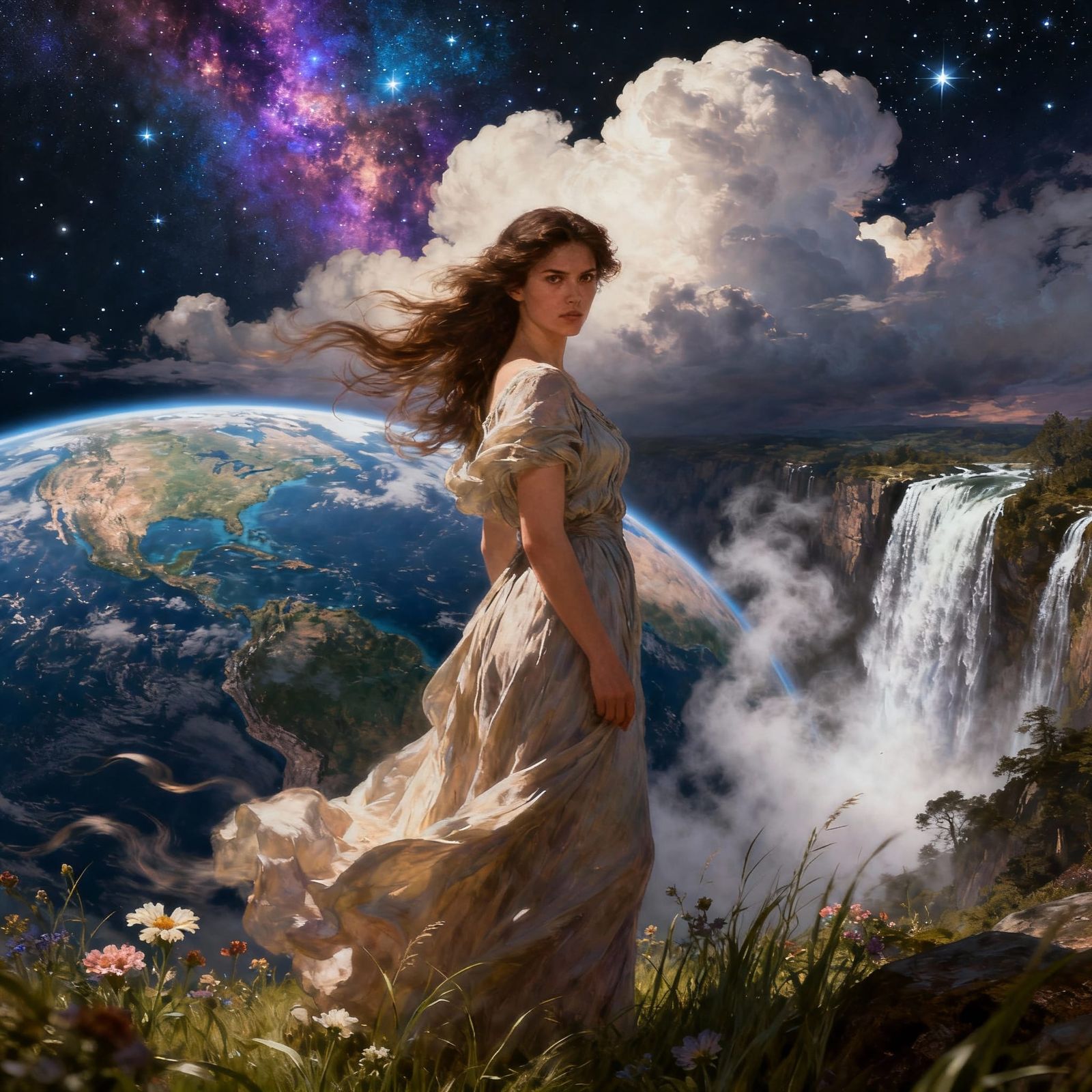 Woman Gazes Intensely with Flowing Hair and Cosmic Sky