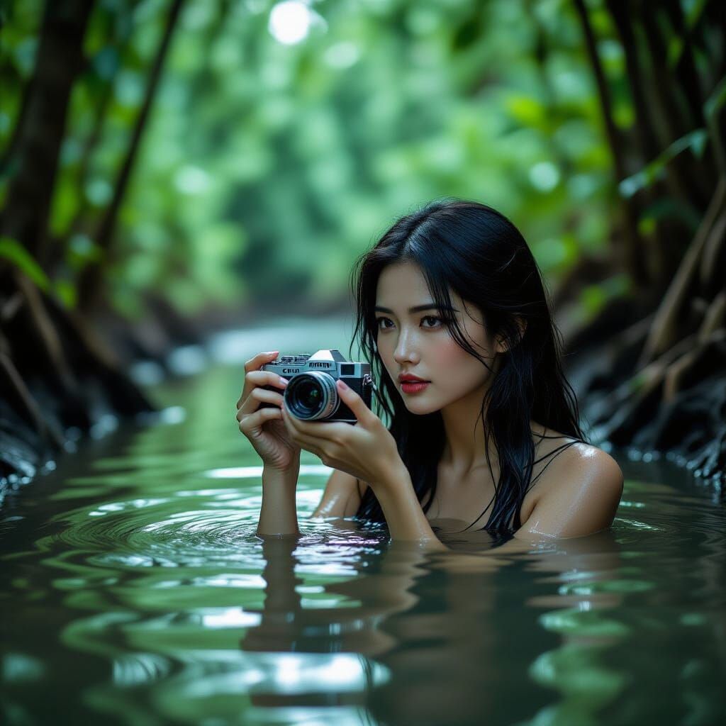 Young Vietnamese Woman in Jungle with Camera Street Photo