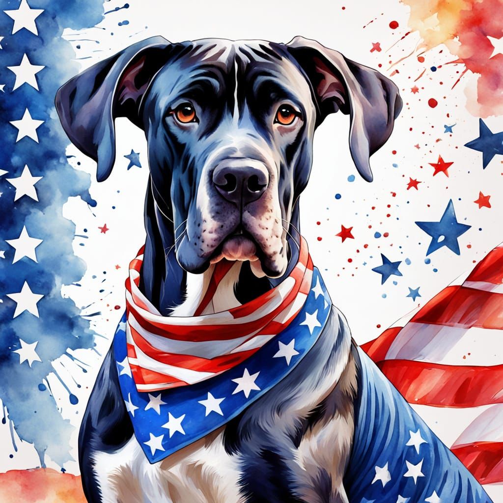Patriotic Great Dane in Watercolor Punk Style
