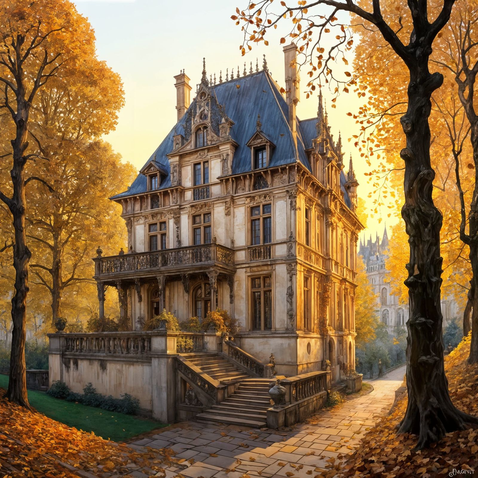 Neorenaissance Hunting Lodge in Rouen: Klimt-Inspired Gouach...