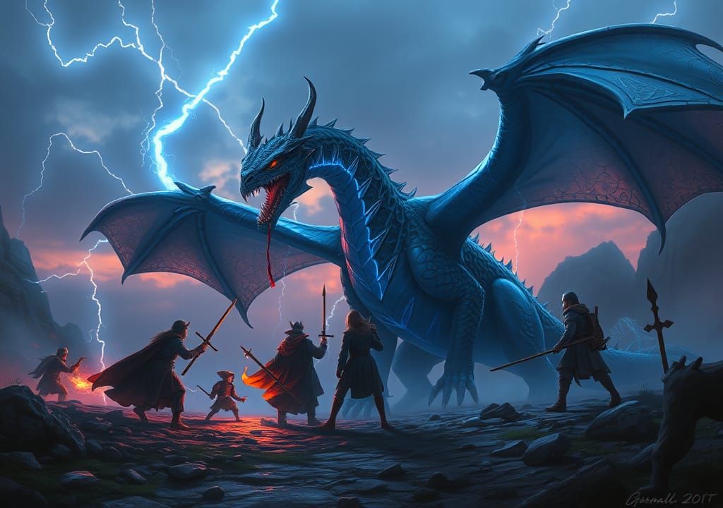 Adventurers Confront Lightning Dragon in Twilight