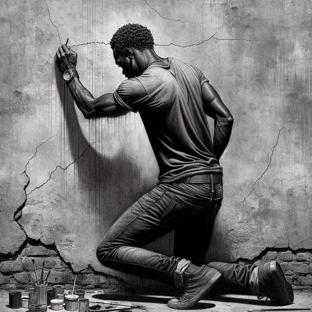 Modern Portrait of Man Leaning on Cracked Wall