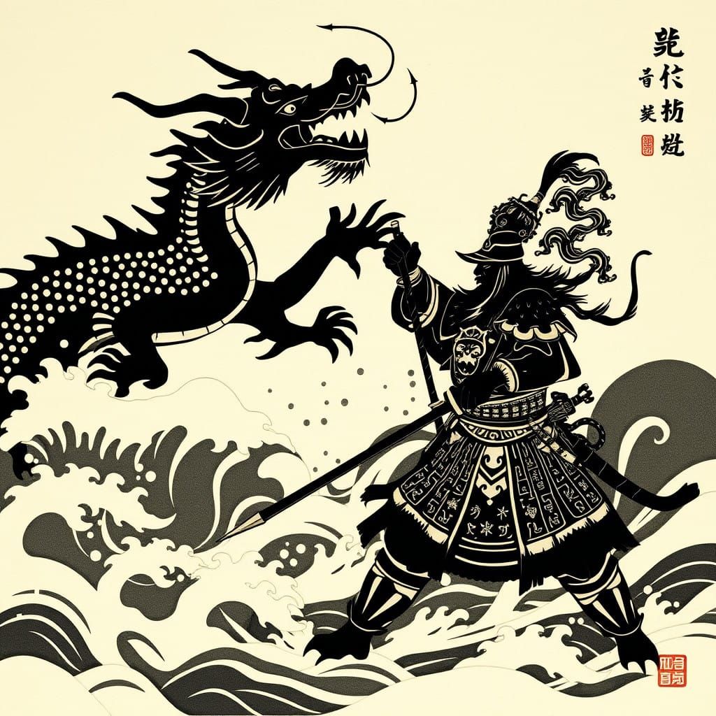 Ethereal Dragon Engages Warrior in Majestic Chinese Shadow T...
