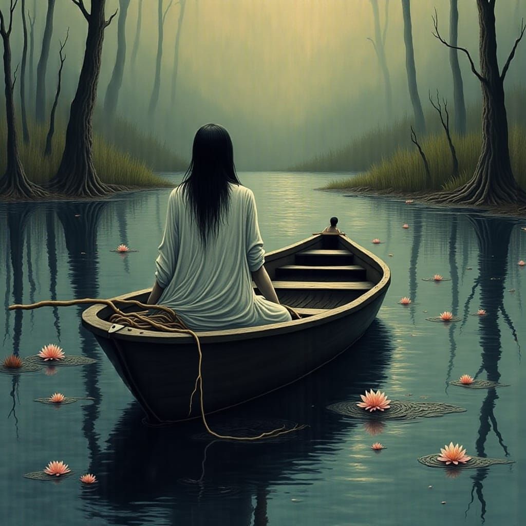 Eerie Swamp: Woman on Rowboat in Gothic Style
